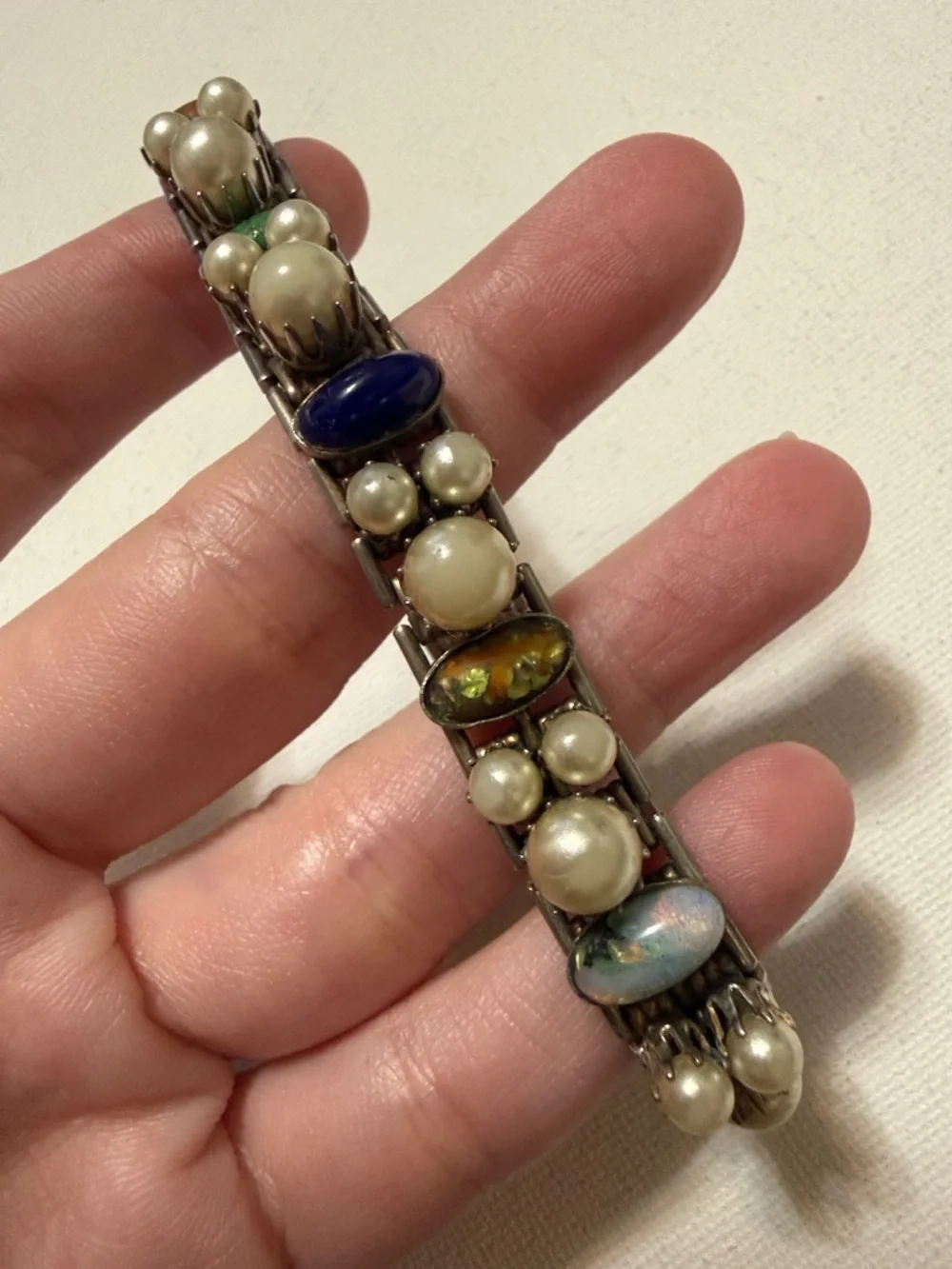 Elegant Antique Rare Multi-Color Faux Pearl and Cabochon Stretch Bracelet